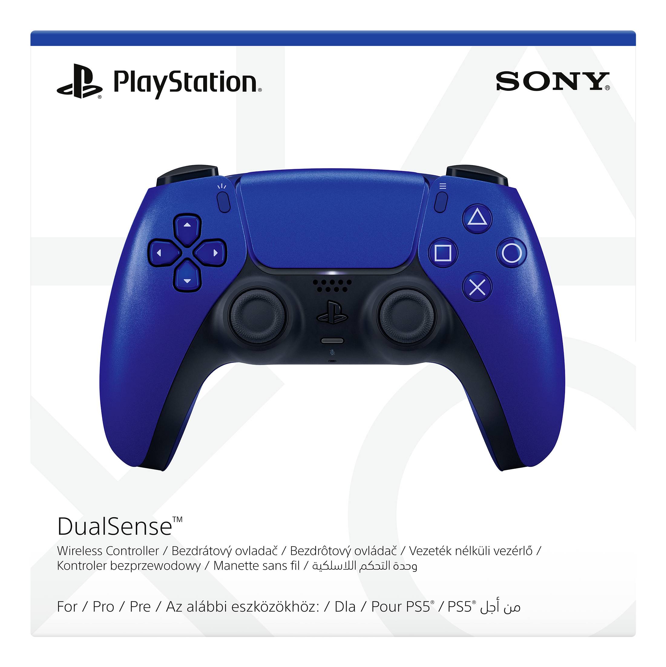 Eine blaue PlayStation DualSense™ Wireless-Controller-Verpackung mit Markenlogos. Kompatibel mit PS5. Enthält mehrere Sprachen.