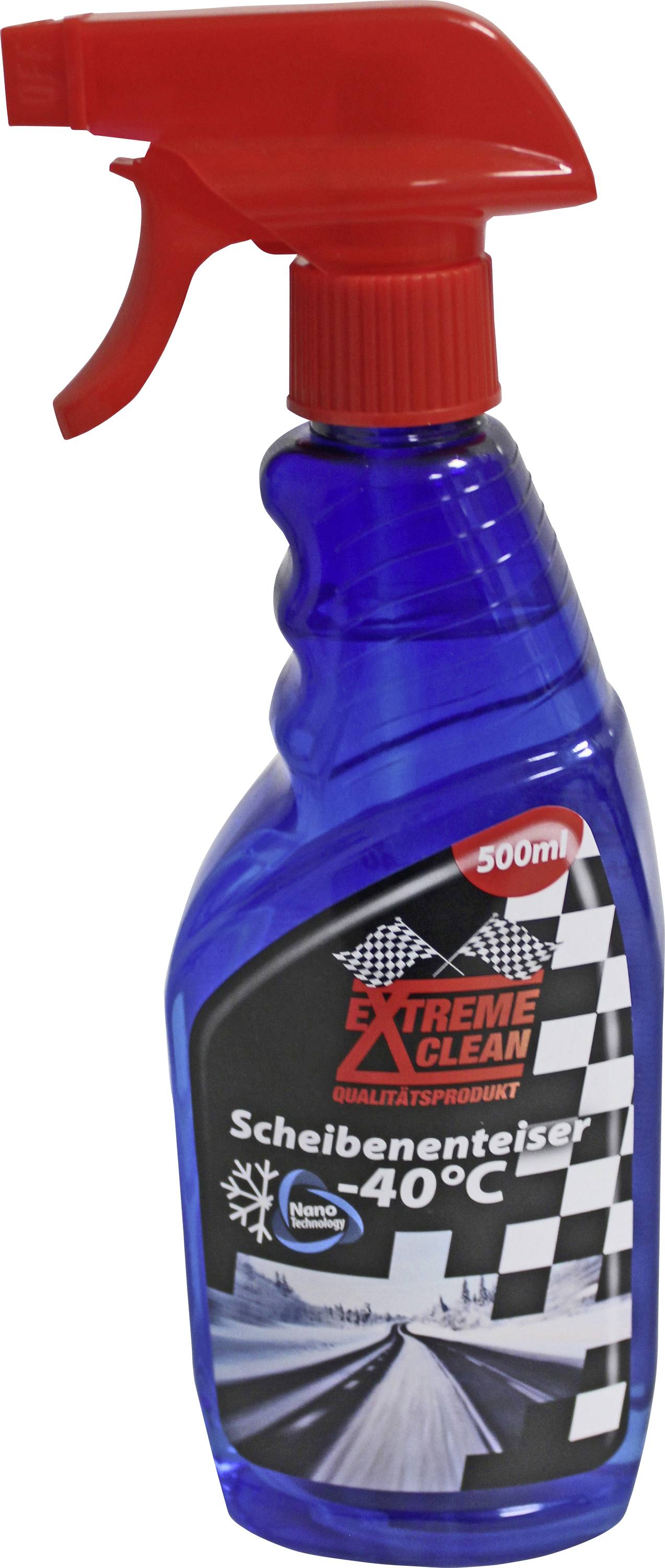 Blauer Sprayflasche mit rotem Kopf, 'Scheibenenteiser -40°C, Extreme Clean' Etikett. Hintergrundbild: Schneebedeckte Straße.