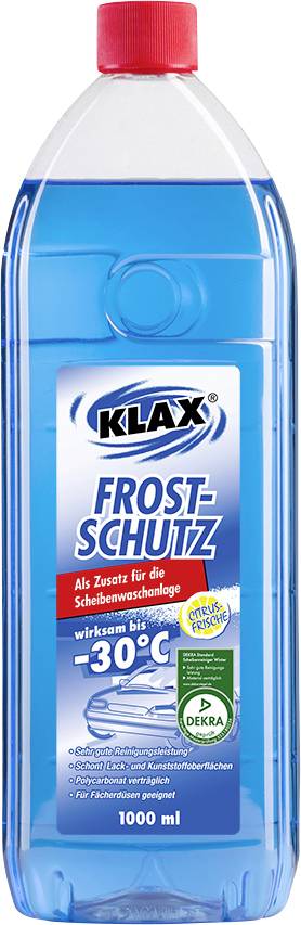 Flasche mit blauem Frostschutzmittel der Marke Klax, 1000 ml, geeignet als Zusatz für Scheibenwaschanlage, wirksam bis -30°C.