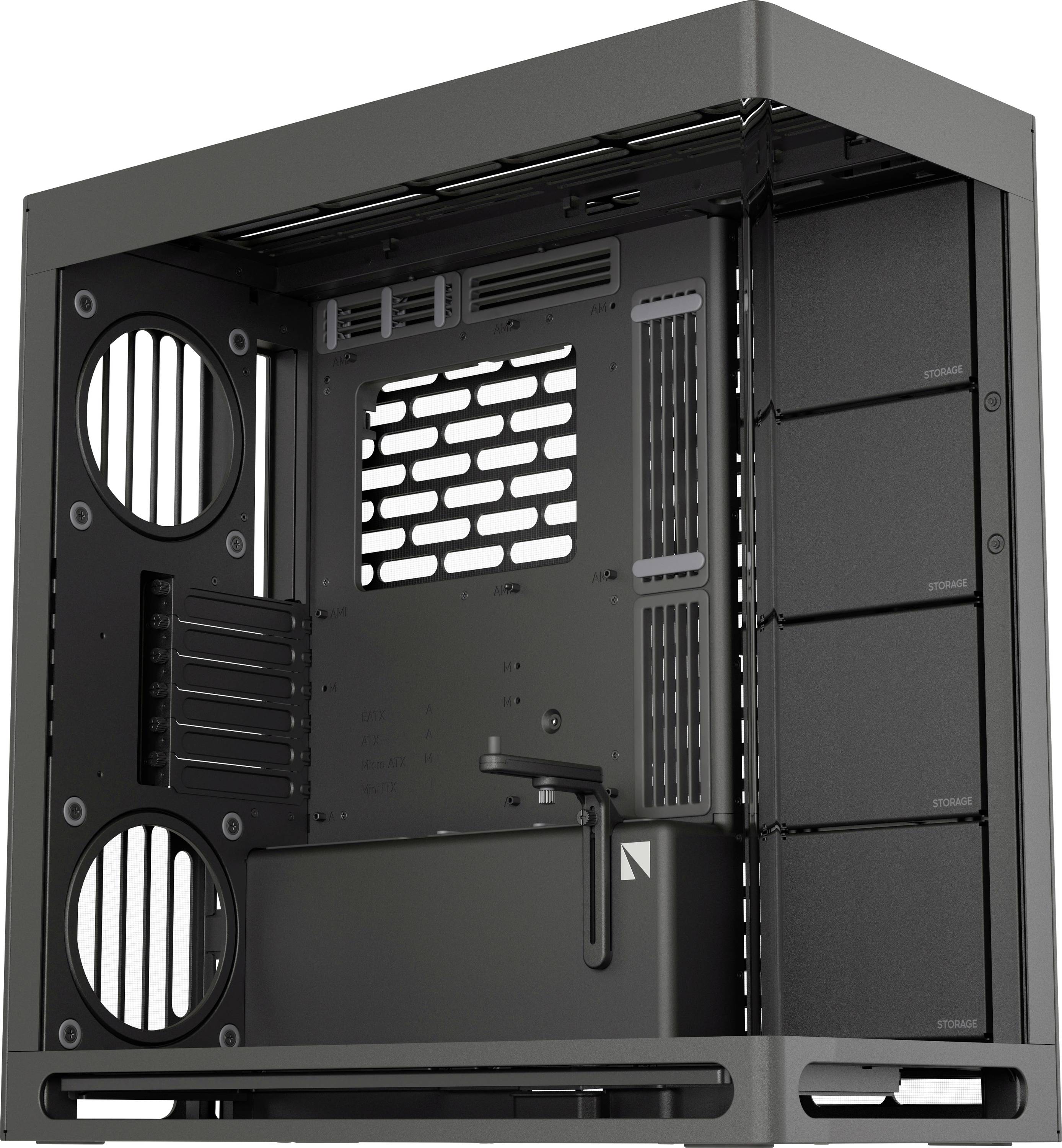 Schwarzes, offenes Computergehäuse mit Lüfteröffnungen, mehreren Erweiterungssteckplätzen und Kabelmanagement.