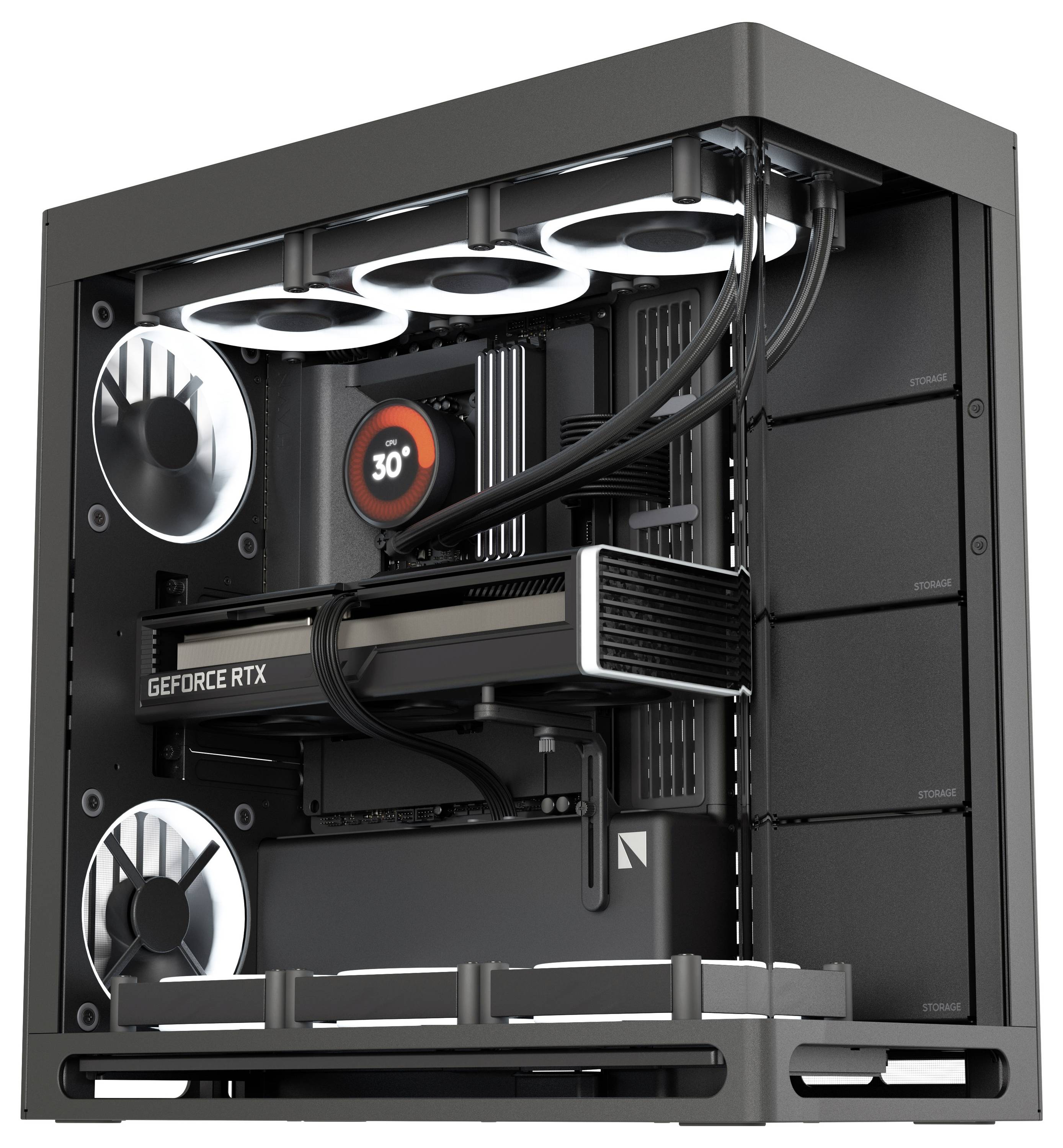 Offener Computergehäuse zeigt installierte Grafikkarte, Lüfter und Kabel. Ein Display zeigt die Zahl '30'.