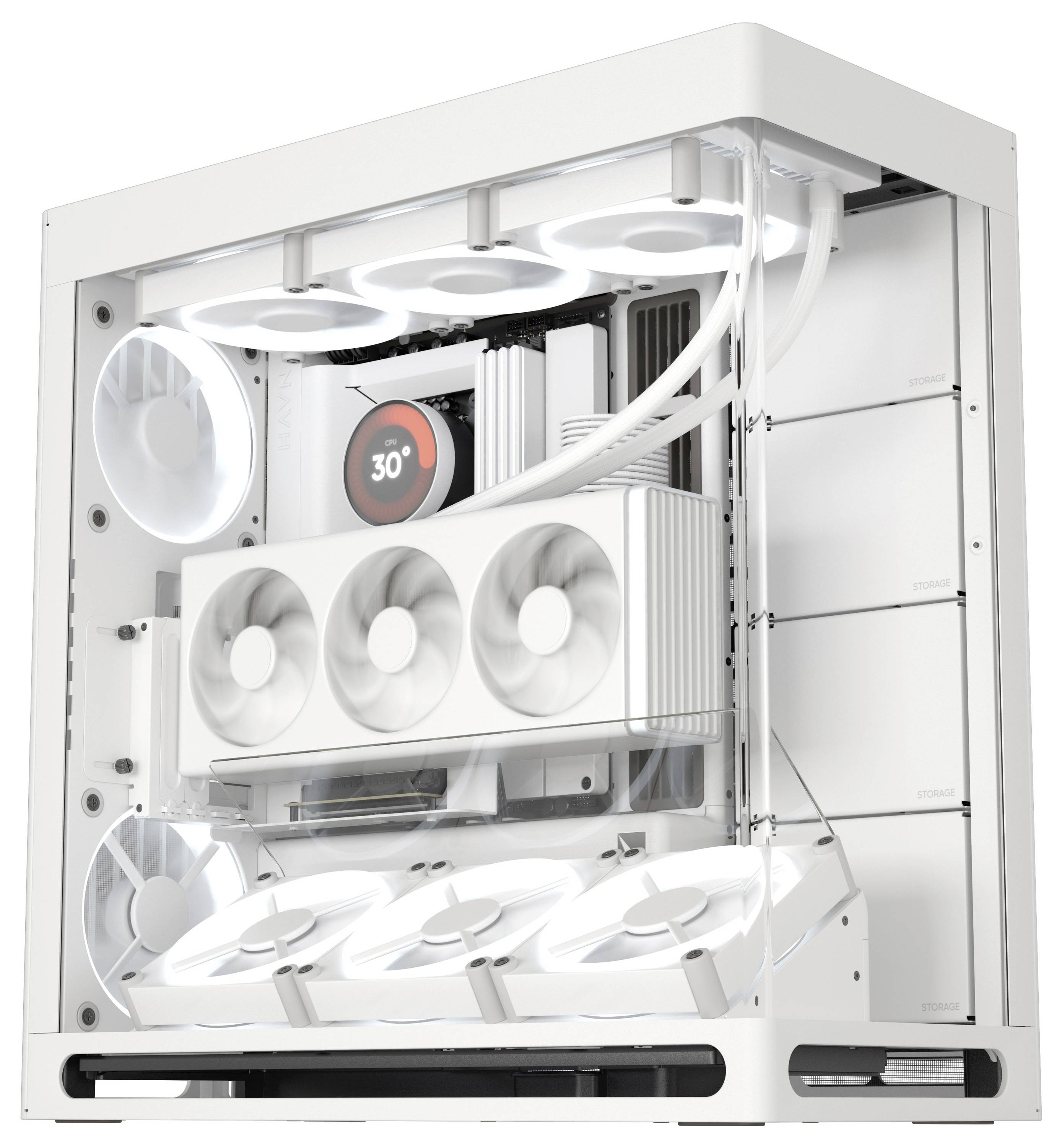 Ein weißes Computergehäuse mit transparenten Seiten zeigt mehrere beleuchtete Lüfter und eine Temperaturanzeige von 30 Grad.