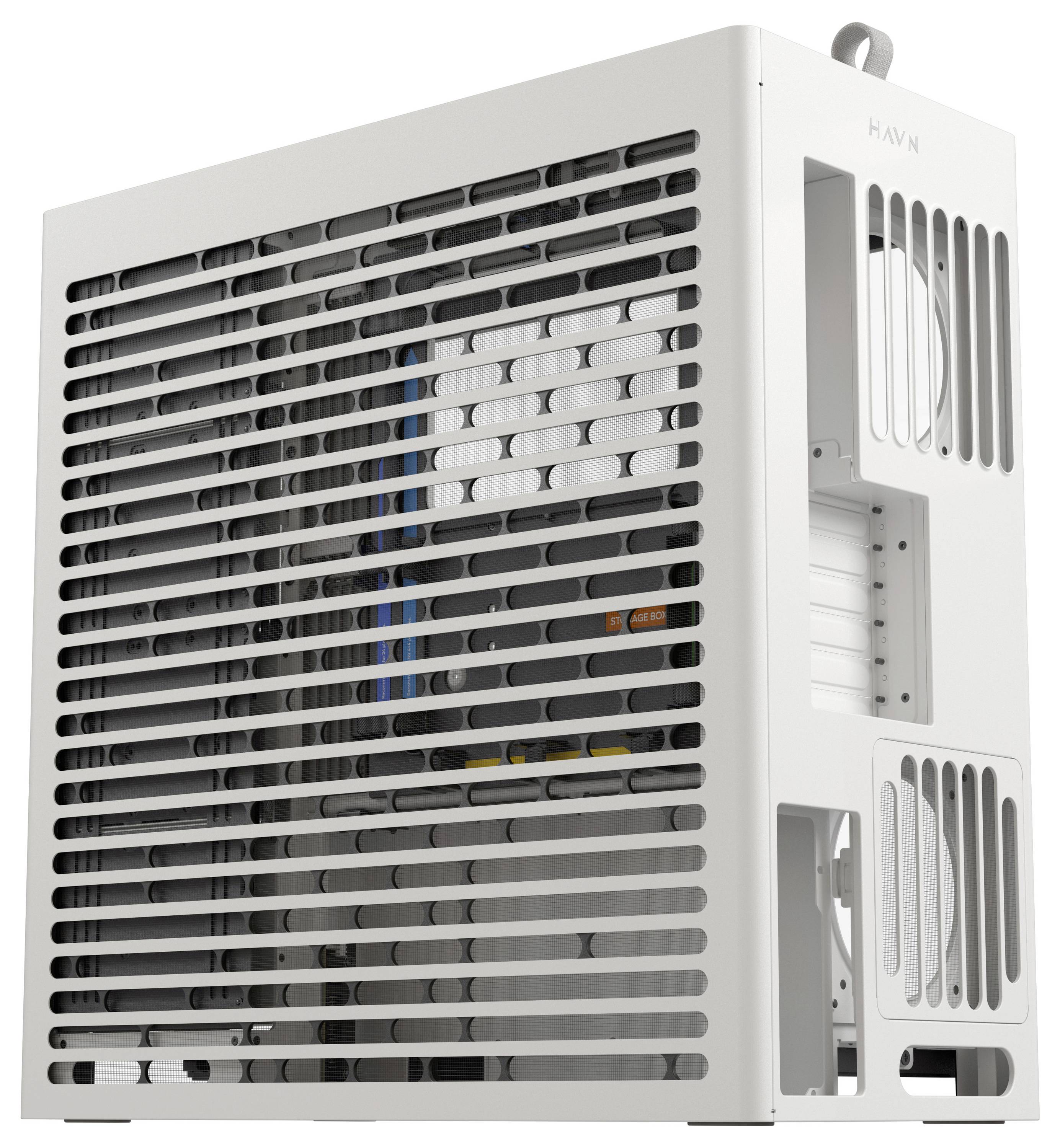 Ein weißes Computergehäuse mit rohrförmigen Lüftungsschlitzen und einem klaren Design. Innen sind Bauteile und Kabel sichtbar.