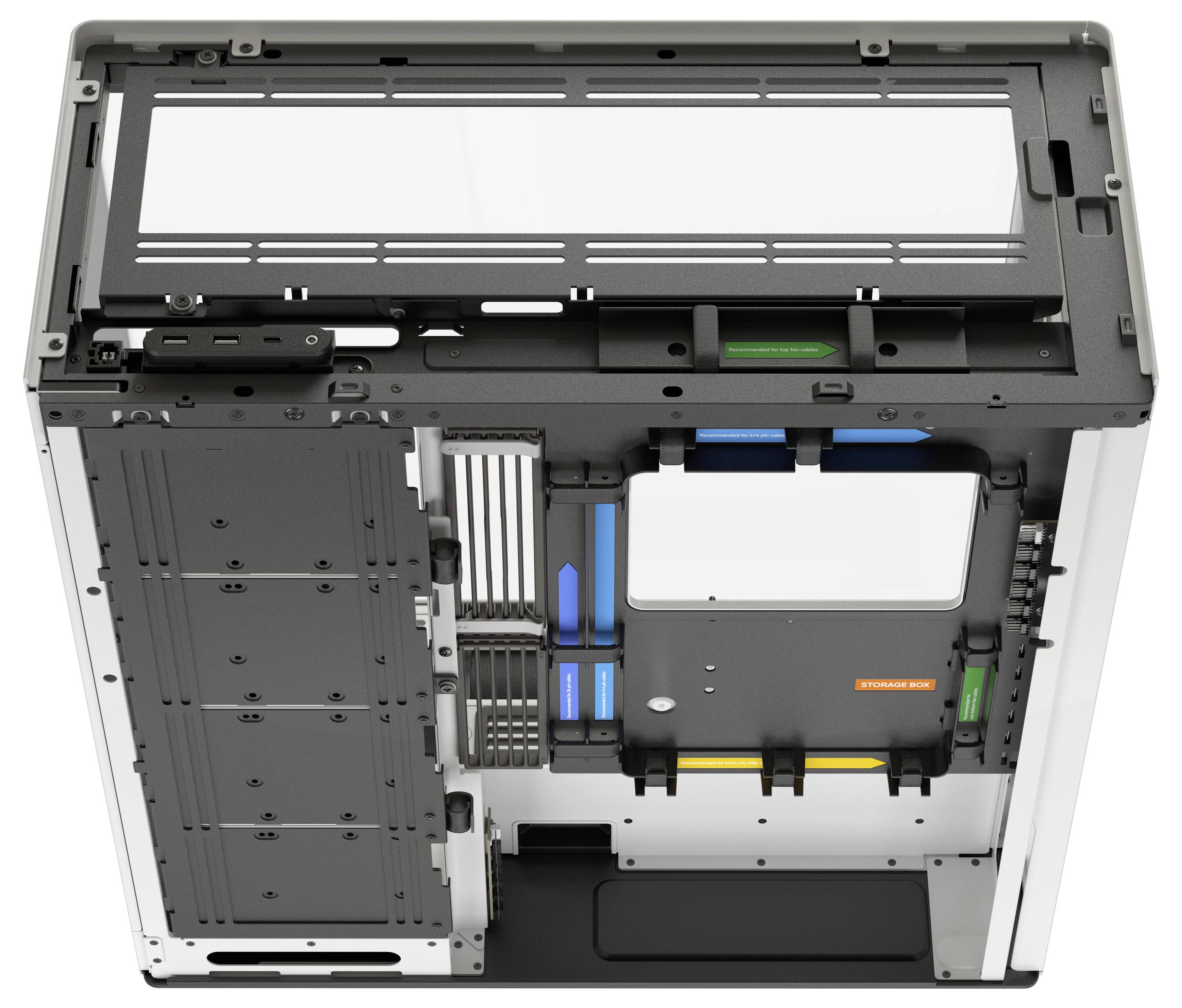 Computergehäuse von oben, ohne Komponenten. Platzhalter für Hauptplatine und Festplatte in verschiedenen Farben markiert.