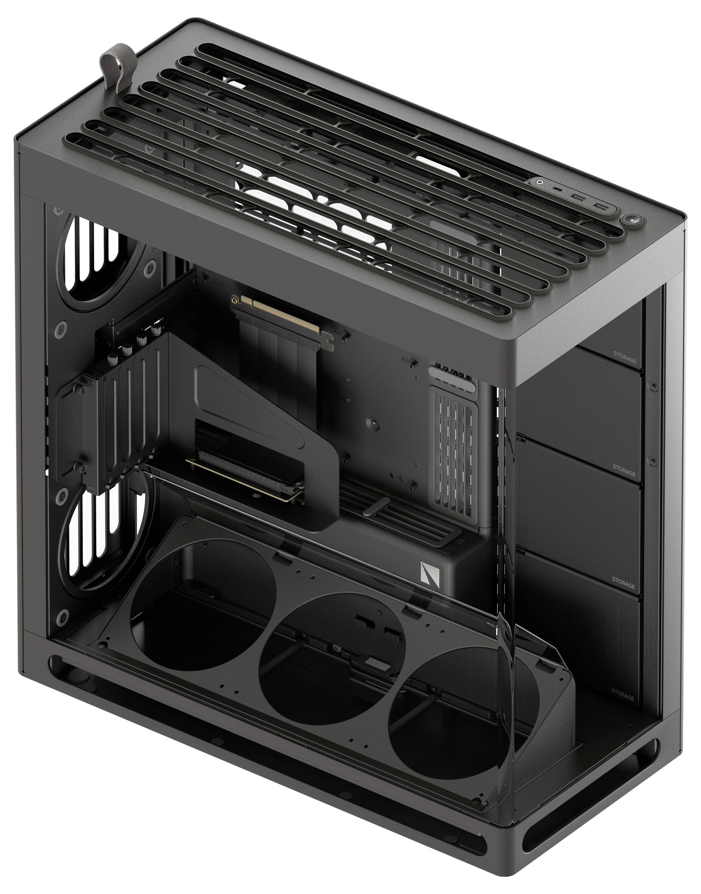 Schwarzes Computergehäuse mit offenem Design; zeigt Platz für mehrere Lüfter und Komponenteninstallationen.