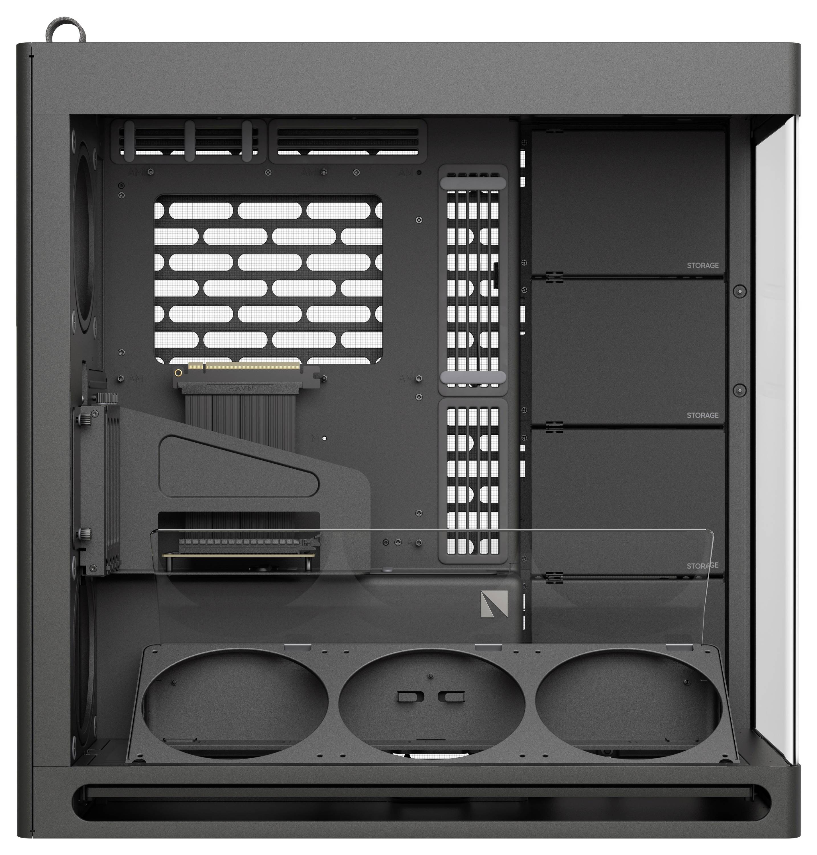 Ein leerer Computergehäuse-Tower mit Platz für Kühlungslüfter, Grafikkarte, und Speichereinheiten innen sichtbar.