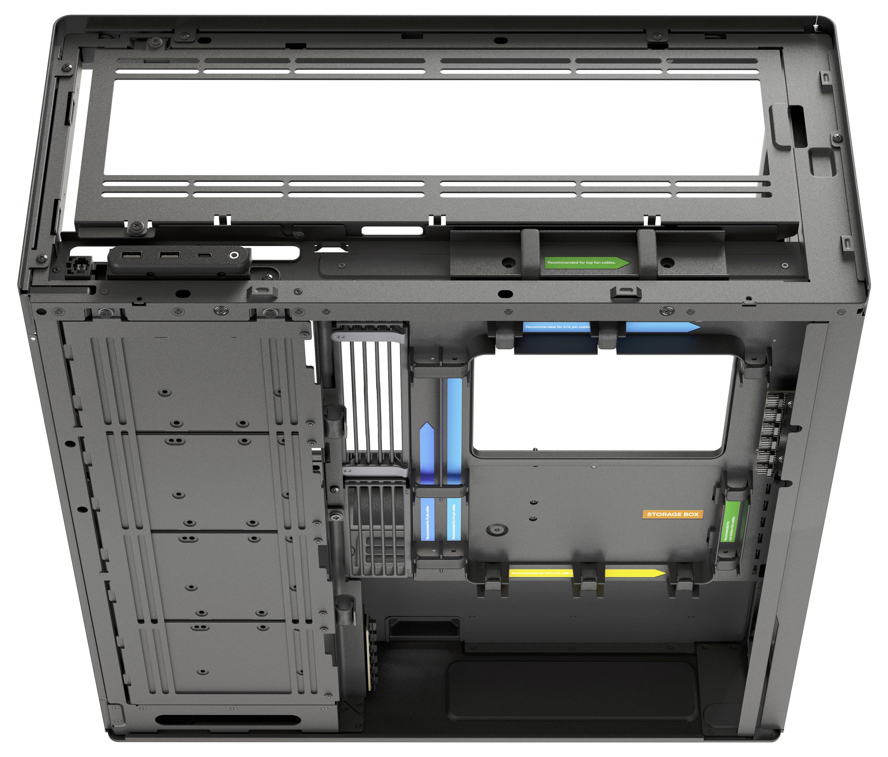 PC-Gehäuse, innen, zeigt Montageräume für Hauptplatine, Festplatten und Lüfter; Käfigstrukturen sichtbar, keine Komponenten eingebaut.