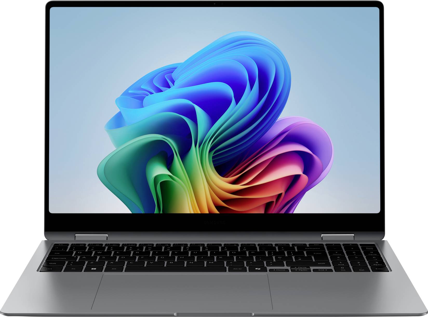 Ein Laptop mit einem farbenfrohen, abstrakten Hintergrund auf dem Bildschirm. Der Laptop ist geöffnet und zeigt die Tastatur und das Display.