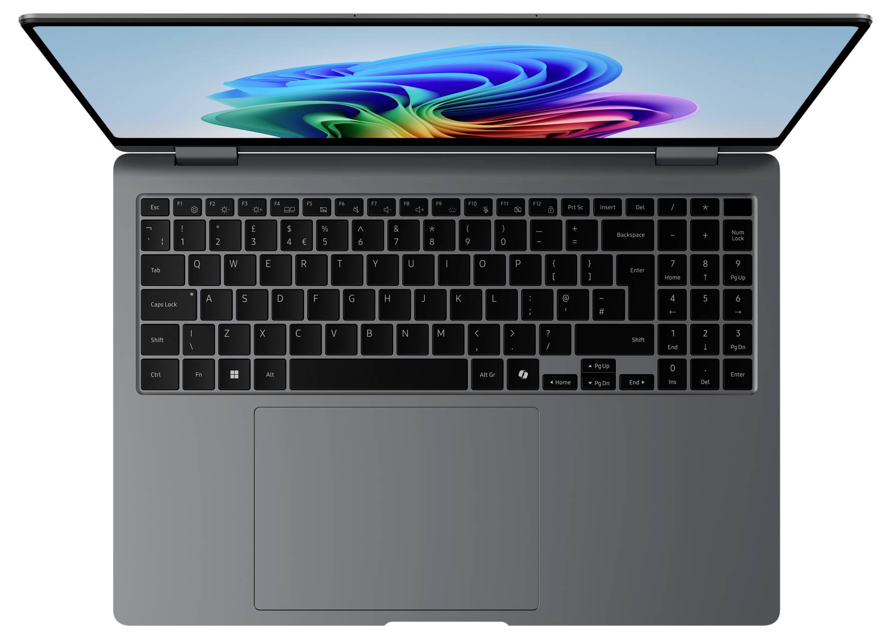 Ein Laptop von oben, mit einer offenen, bunten Bildschirmdarstellung. Die Tastatur ist sichtbar mit einem großen Trackpad darunter.