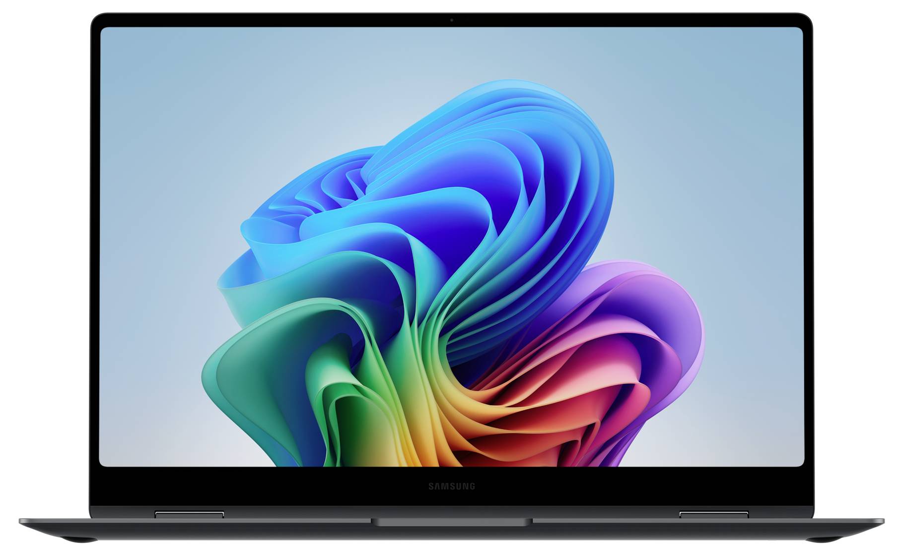 Ein Laptop zeigt ein farbenfrohes, abstraktes Hintergrundbild mit geschwungenen Formen auf dem Bildschirm.