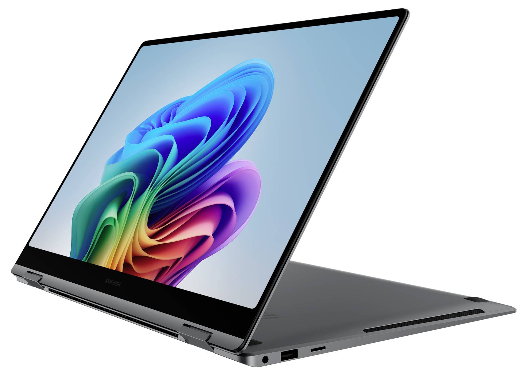 Ein moderner, grauer Laptop mit einem lebhaften, abstrakten Bild auf dem Bildschirm. Das Gerät ist leicht aufgeklappt dargestellt.