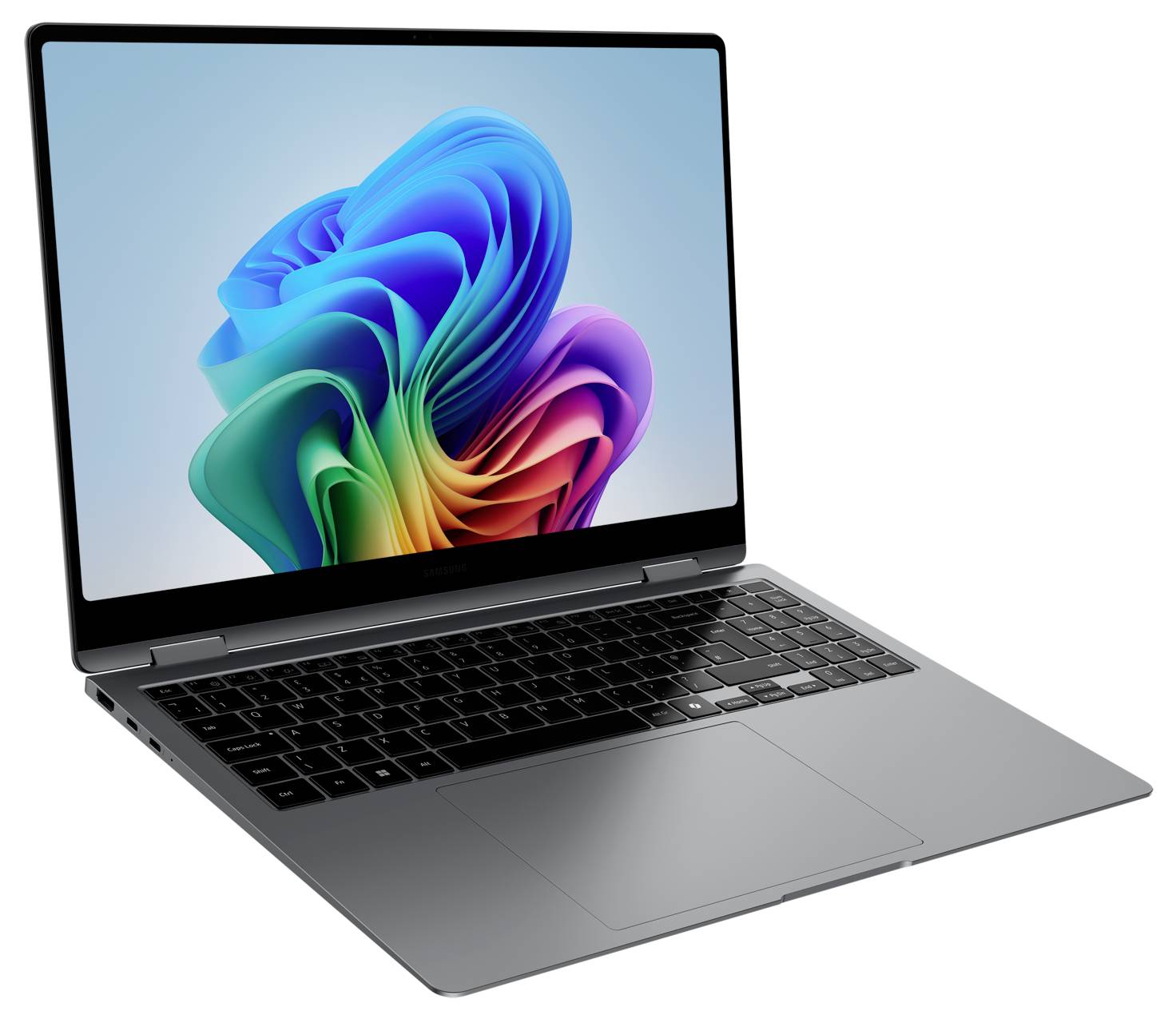Silberner Laptop mit schwarzer Tastatur. Auf dem Bildschirm ist eine bunte, abstrakte Grafik vor blauem Hintergrund zu sehen.