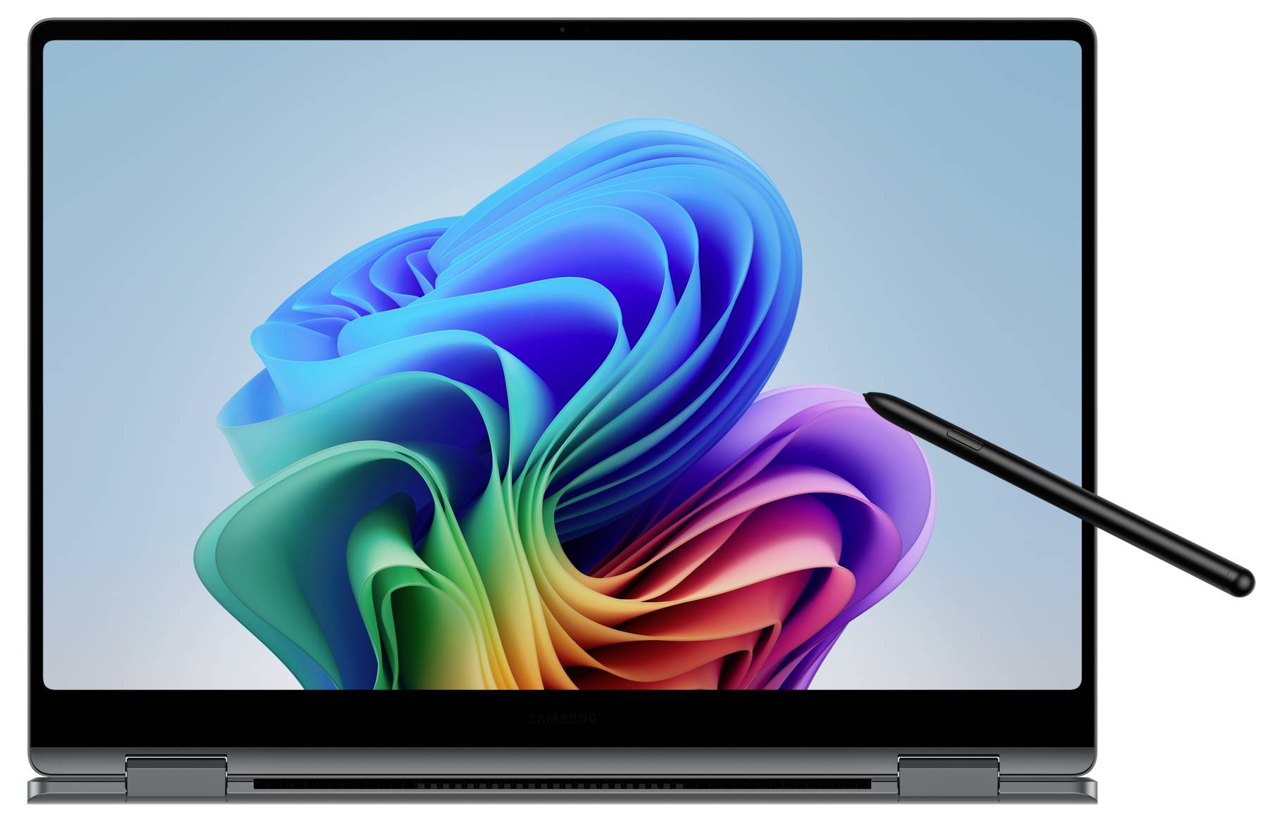 Ein Laptop mit einem Display zeigt eine bunte, abstrakte Wolkenform. Ein schwarzer Stylus ist rechts neben dem Bildschirm sichtbar.