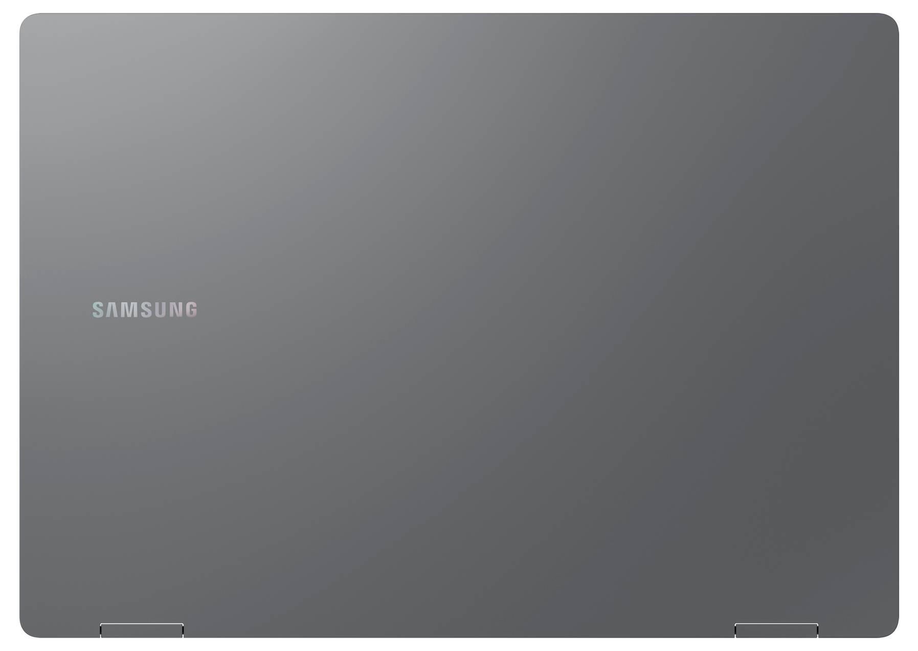 Geschlossener Samsung-Laptop in Grau aus der Vogelperspektive.