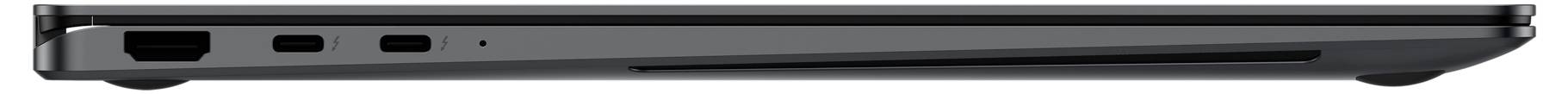 Geschlossener Laptop von der Seite mit Ethernet-, HDMI- und USB-Anschlüssen.
