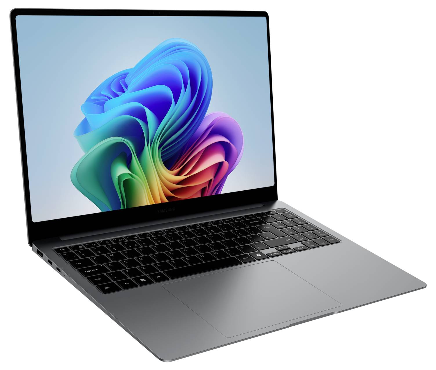 Ein moderner Laptop mit schwarzer Tastatur und grauem Gehäuse, der einen Bildschirmhintergrund mit bunten Wirbeln zeigt.