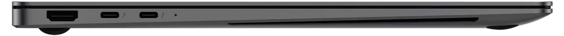 Seitenansicht eines geschlossenen Laptops mit erkennbaren Anschlüssen und leicht hervorstehendem Bildschirmdeckel.