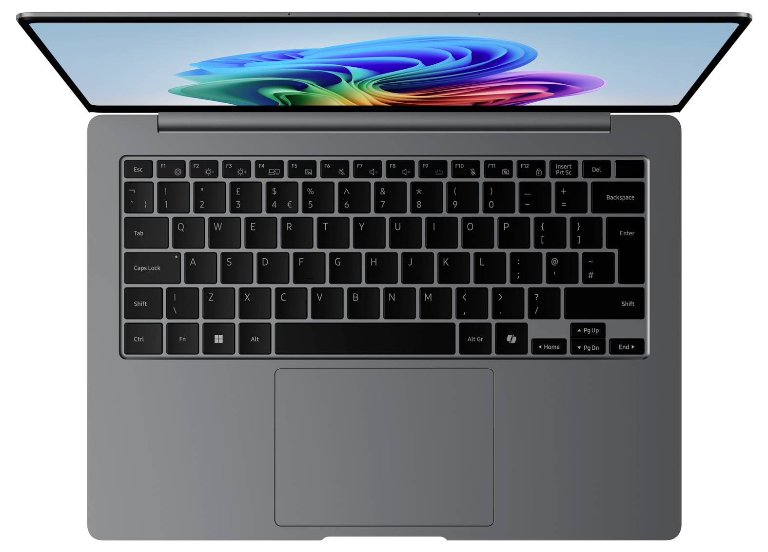 Ein moderner Laptop von oben, geöffnet, mit leuchtendem, mehrfarbigem Bildschirm und schwarzer Tastatur.