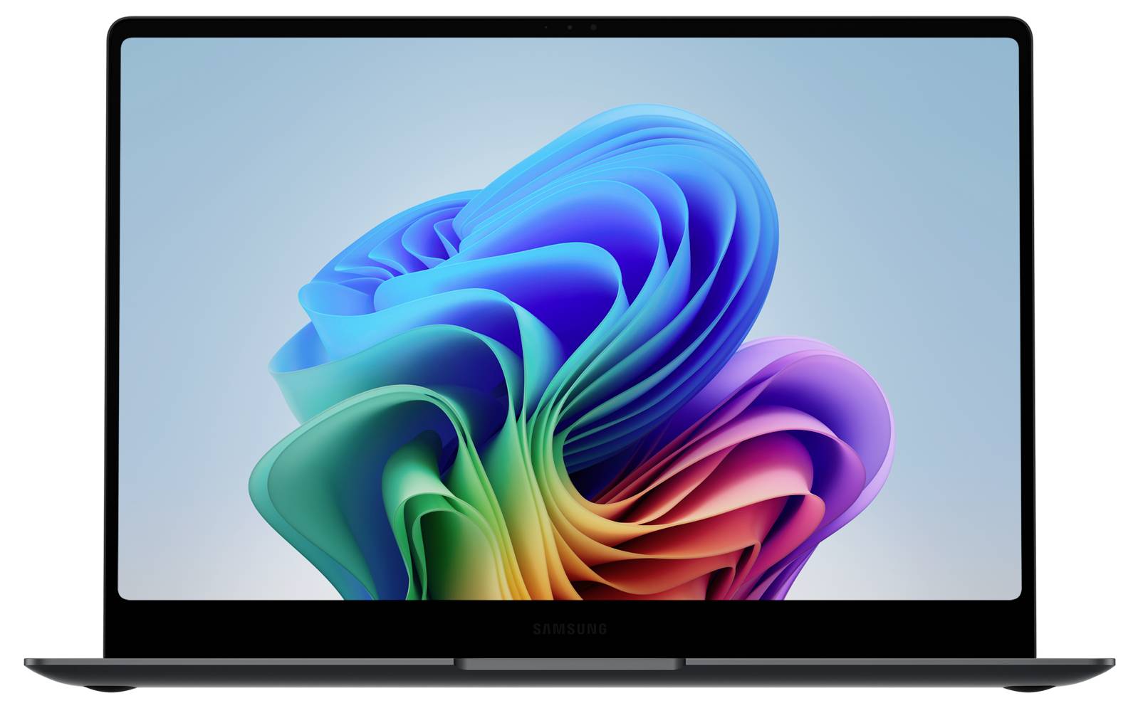 Ein Laptop mit einem bunten, abstrakten Hintergrund auf dem Bildschirm, der in einem schlichten Design gegen einen hellblauen Hintergrund steht.