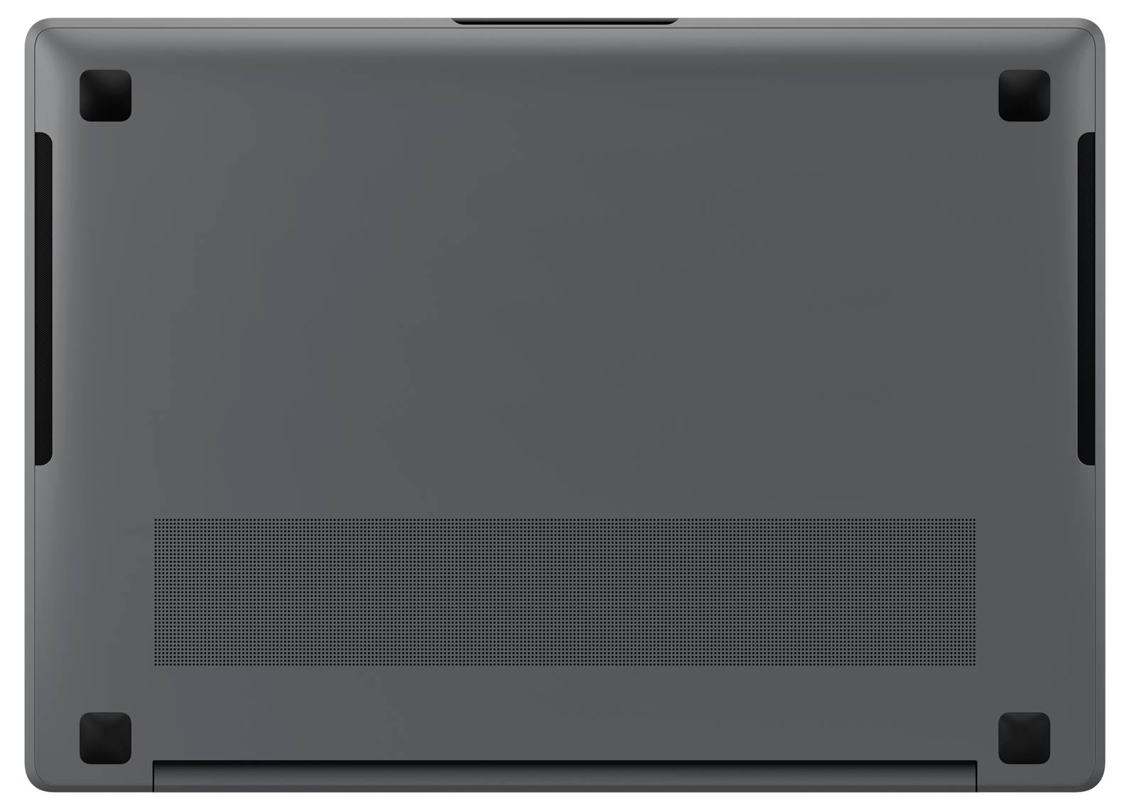 Unterseite eines grauen Laptops, zeigt Lüftungsschlitze und schwarze Gummifüße an den Ecken.
