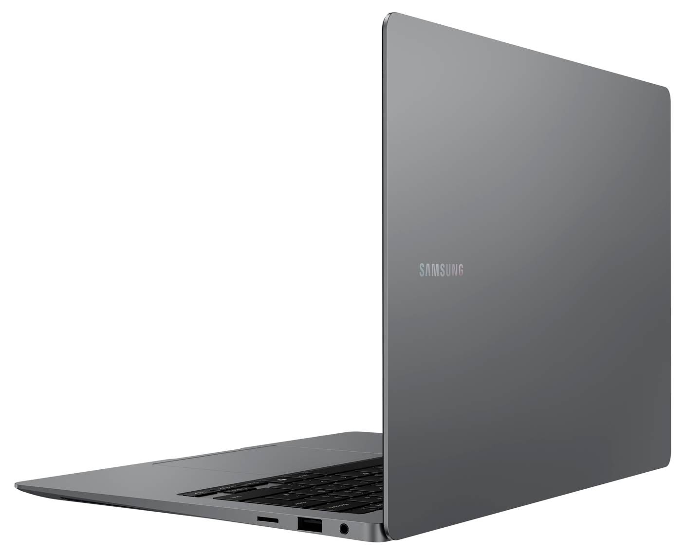 Ein graues Laptop von Samsung, geschlossen. Der Fokus liegt auf dem markanten minimalistischen Design und dem schlanken Profil.