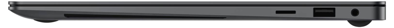 Ein seitliches Profil eines geschlossenen Laptops, das die Anschlüsse, einschließlich USB und Audio-Buchse, zeigt.
