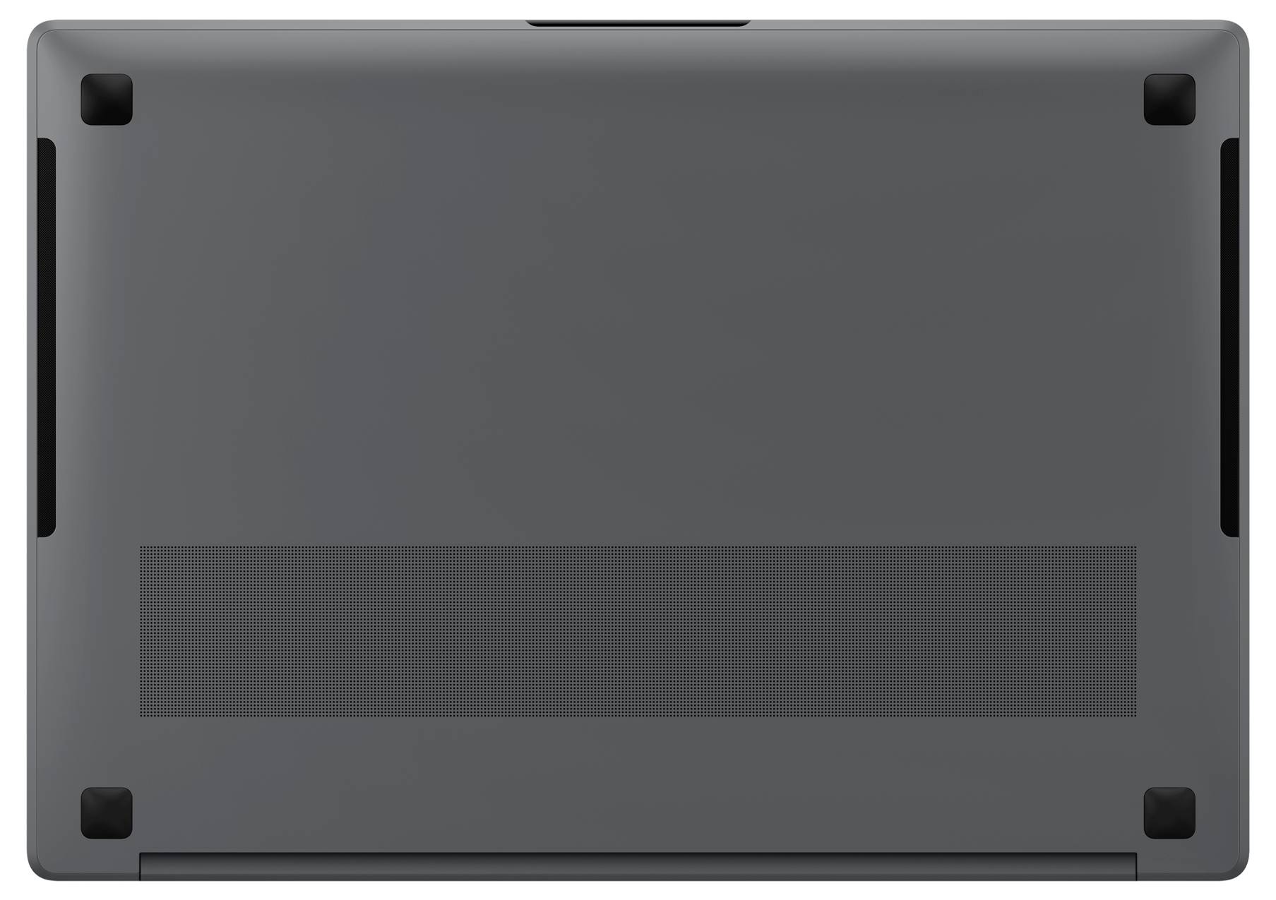 Rückseite eines Laptops mit belüfteter Unterseite und schwarzen, rutschfesten Füßen an den Ecken.
