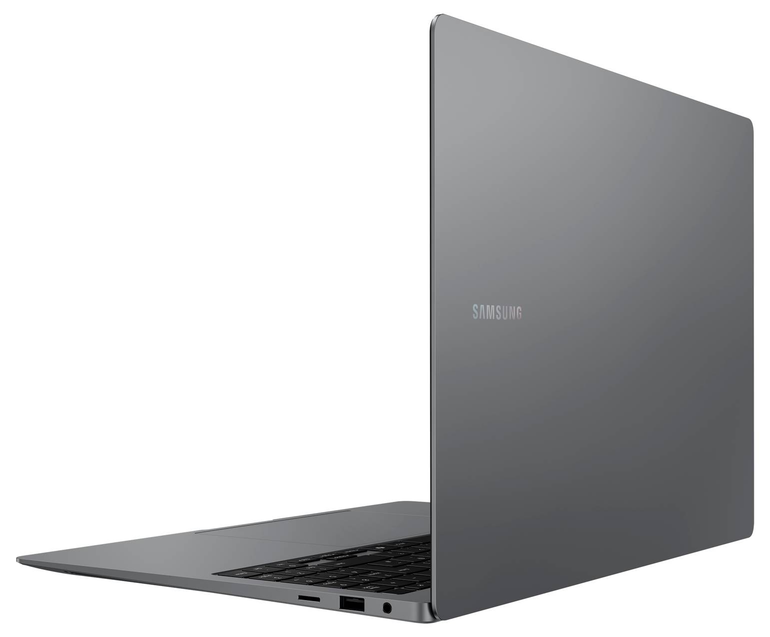 Ein geschlossenes, graues Samsung-Laptop von der Seite, zeigt einen schlanken und modernen Designstil.