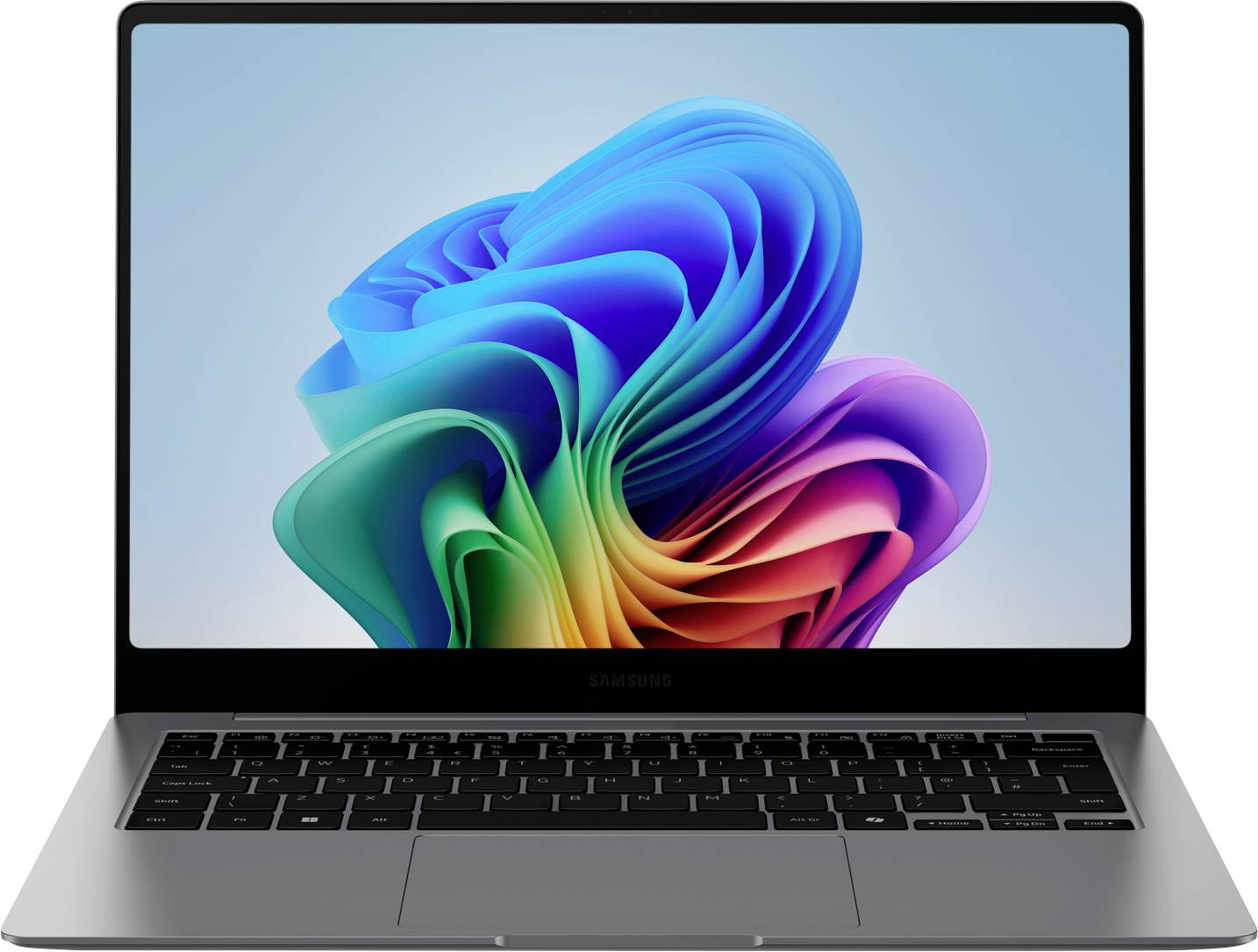 Ein Laptop mit einem farbenfrohen, organischen, wellenförmigen Muster auf dem Bildschirm. Die Tastatur ist sichtbar, Marke Samsung.
