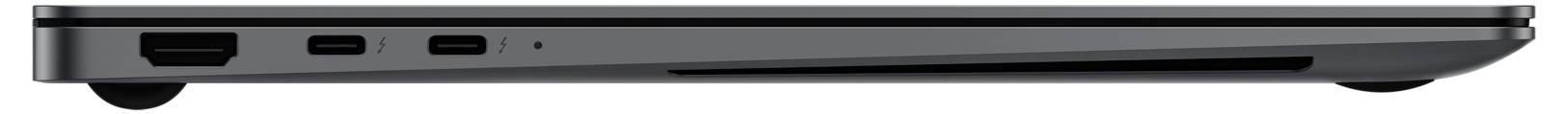 Seitenansicht eines schwarzen Laptops mit geschlossener Klappe, mehreren Anschlüssen und einem schlanken Design.