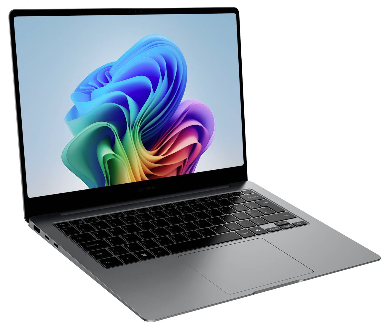 Ein moderner Laptop mit Tastatur und farbenfrohem abstraktem Bildschirmhintergrund. Das Gerät steht auf einem weißen Hintergrund.