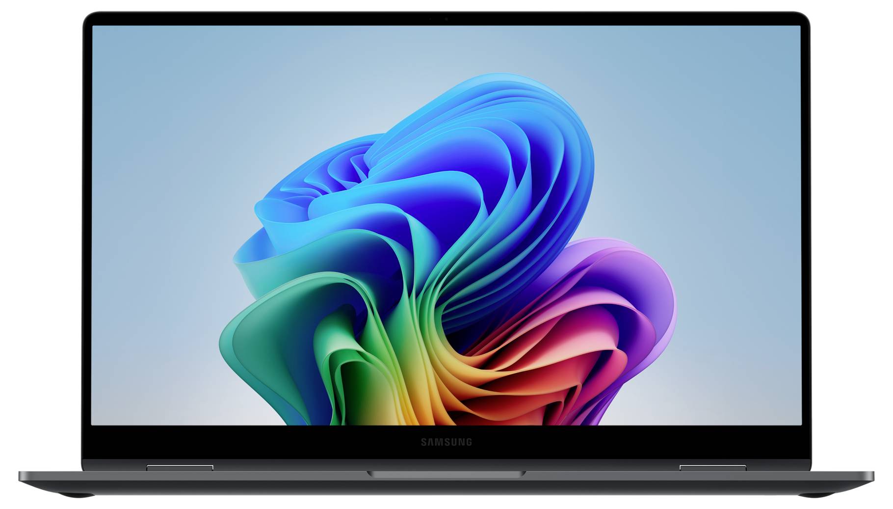 Ein Laptop-Bildschirm zeigt eine bunte, abstrakte 3D-Wellenform auf hellblauem Hintergrund.