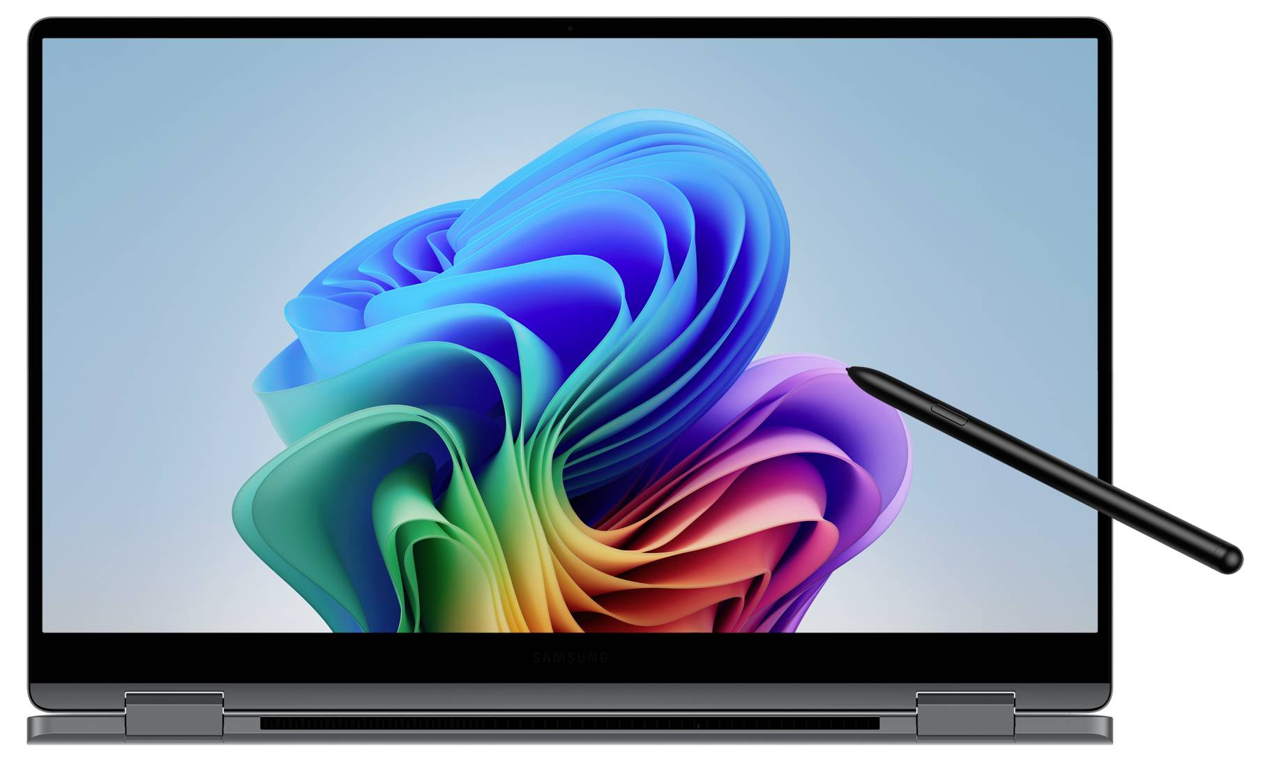 Ein Laptop mit einem farbenfrohen Grafikbildschirm und einem darauf zeigenden Stift im Vordergrund.