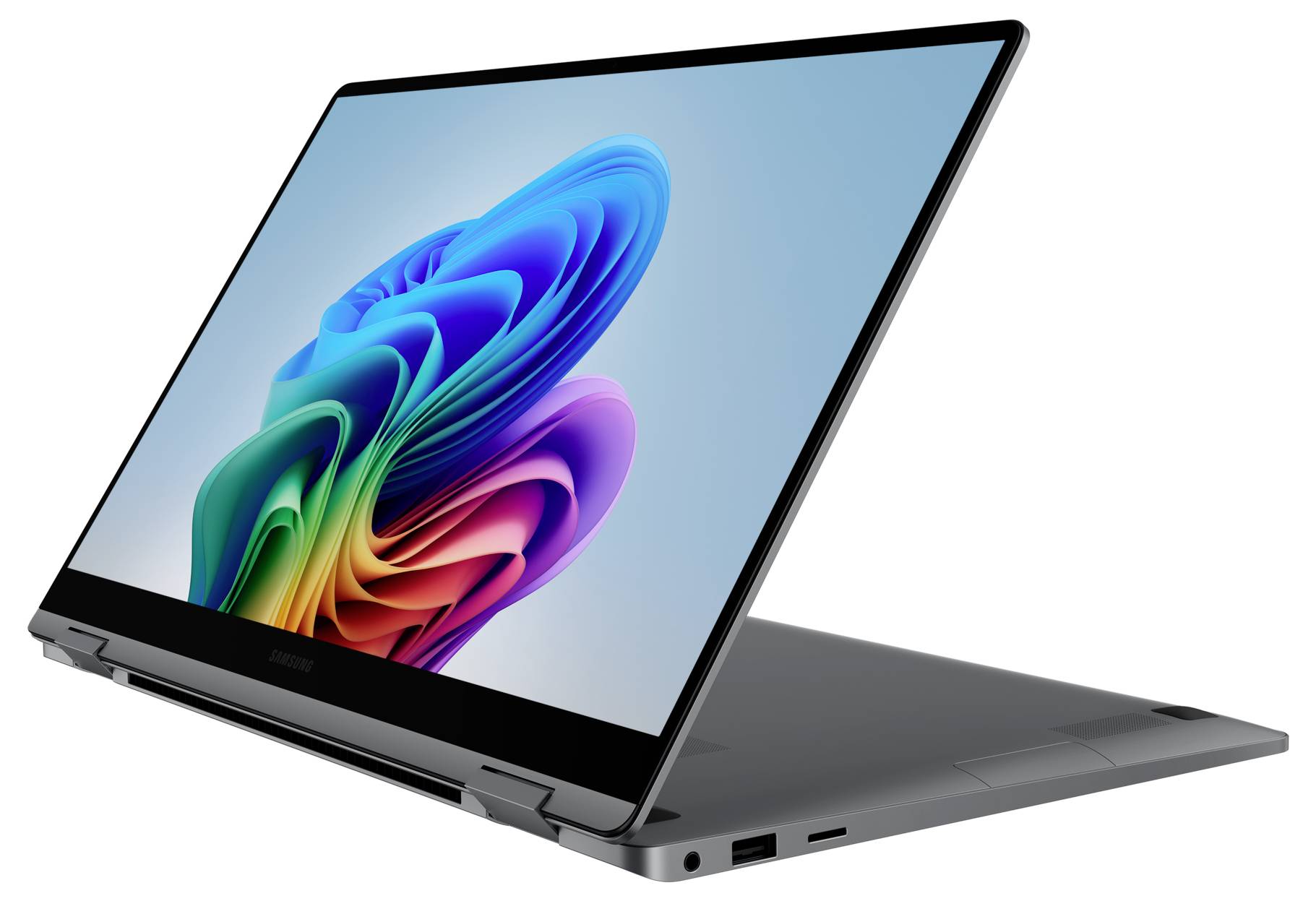 Ein moderner Laptop mit offenem Display, das eine bunte, abstrakte Grafik zeigt. Der Laptop hat ein schlankes, graues Design.