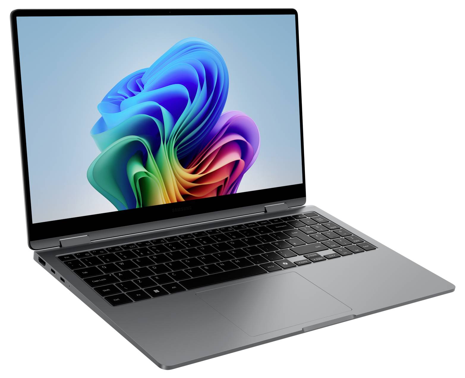 Silberner Laptop mit offenem Bildschirm, der ein buntes, abstraktes Bild zeigt. Tastatur und Trackpad sind sichtbar.