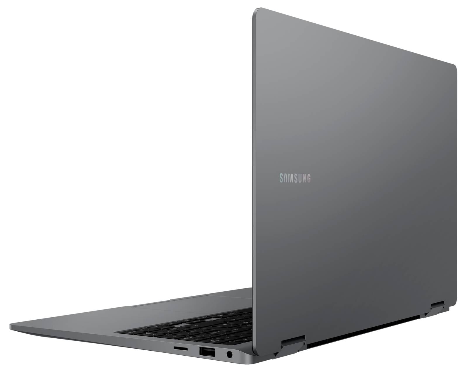 Ein graues Laptop von Samsung, halb geöffnet, von der Rückseite aus gesehen.