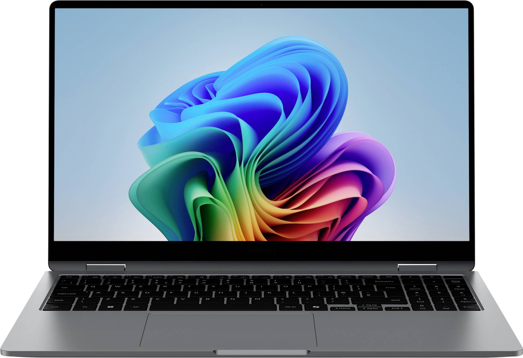 Ein geöffneter Laptop mit einem farbenfrohen, abstrakten Hintergrundbild auf dem Bildschirm. Das Design zeigt geschwungene, bunte Formen.