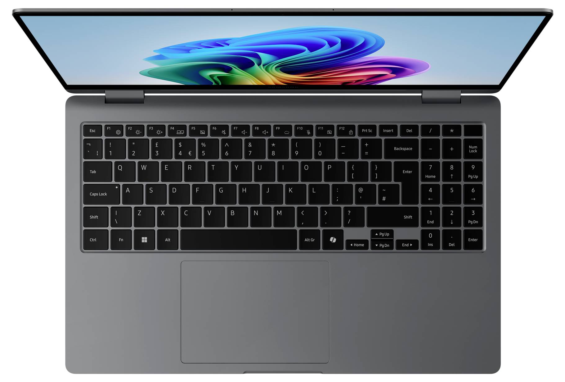 Laptop von oben mit schwarzer Tastatur und Touchpad. Der Bildschirm zeigt ein buntes, abstraktes Muster.