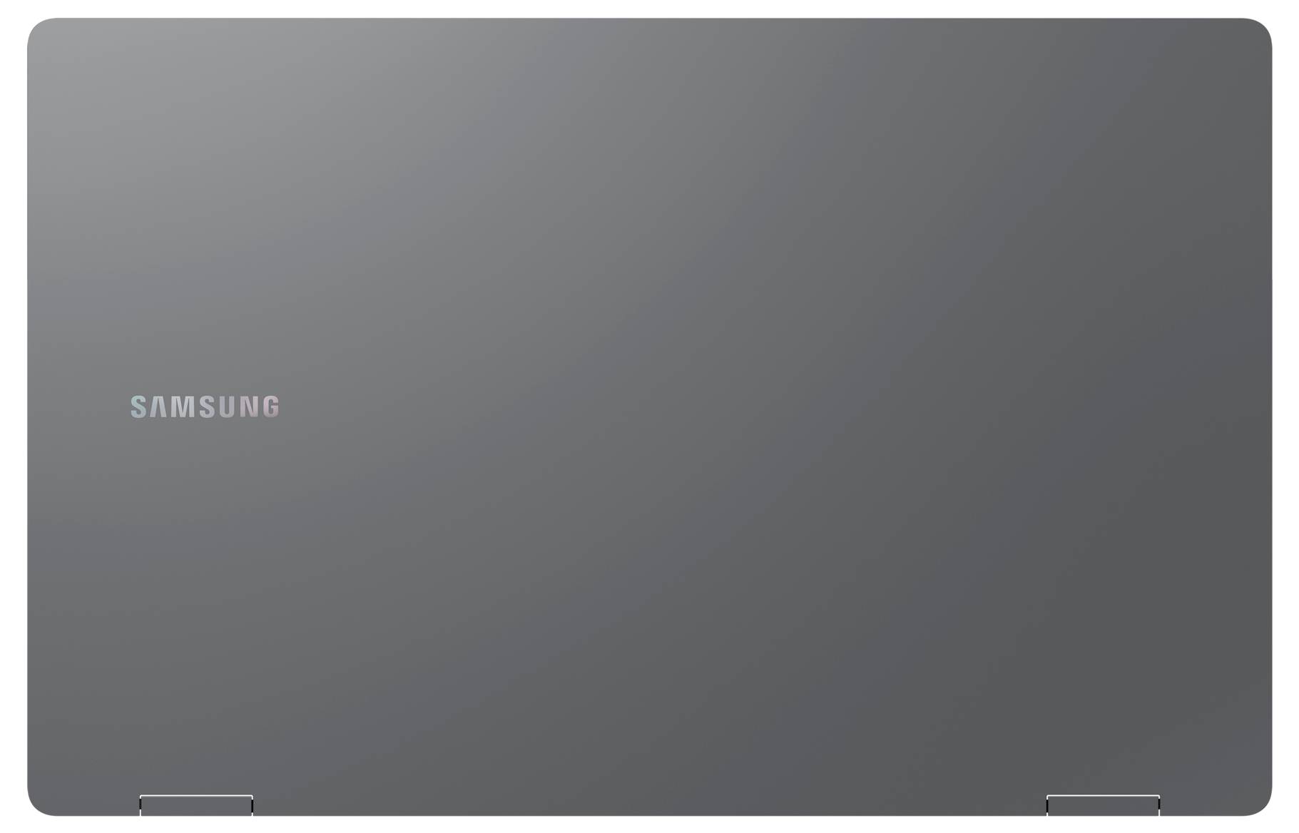 Ein silbergrauer Laptopdeckel mit dem 'Samsung'-Logo in der Mitte. Das Design ist schlicht und modern, ohne sichtbare Beschriftungen oder Muster.