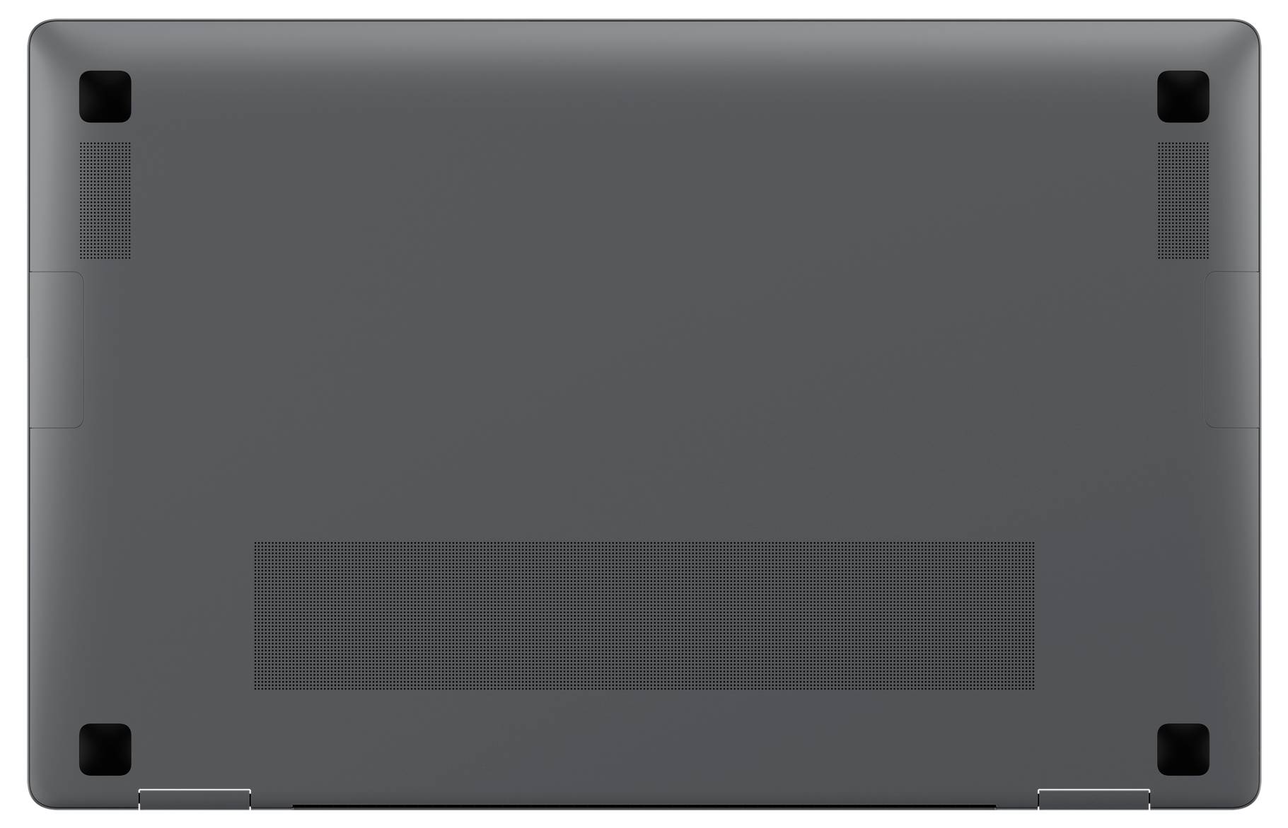 Rückseite eines grauen Laptops mit sichtbaren Lüftungsschlitzen und Gummifüßen an den Ecken.