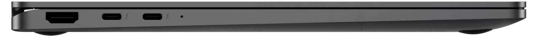 Seitenansicht eines schlanken Laptops mit mehreren Anschlüssen auf der linken Seite, darunter HDMI und USB.