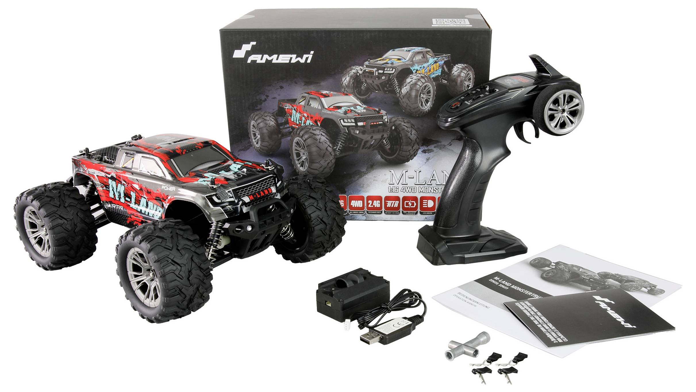 Amewi M-Land Rot Brushed 1:16 RC Einsteiger Modellauto Elektro Monstertruck Allradantrieb (4WD) RtR 2,4GHz