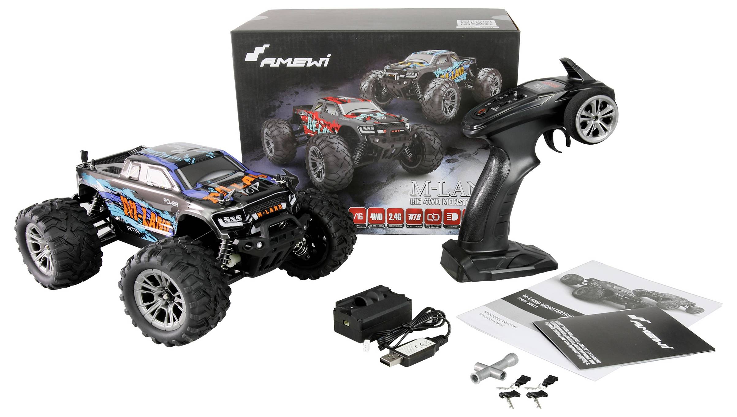 Ein ferngesteuertes Auto mit Fernbedienung, Ladegerät und Zubehör vor seiner Verpackung. Verpackung zeigt das Modell in Aktion.