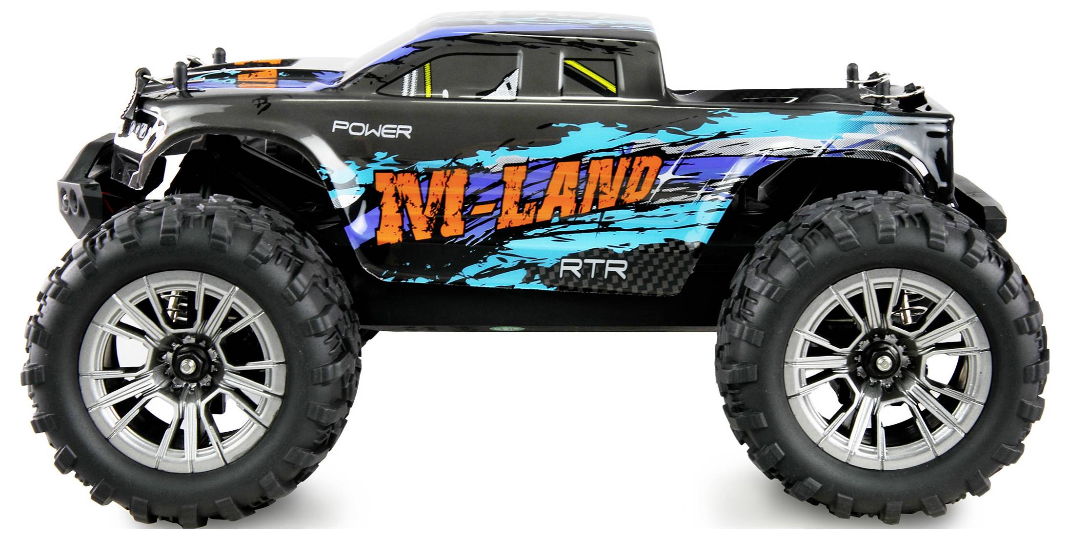 Ein schwarz-blauer ferngesteuerter Geländewagen mit großen Gummireifen und dem Schriftzug 'MV-LAND' in Orange auf der Seite.