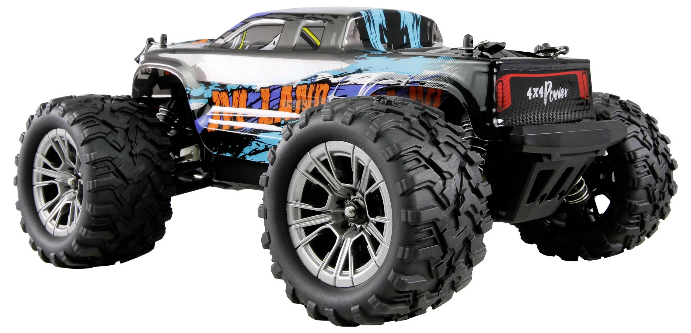 Ein ferngesteuertes Auto mit großen, robusten Reifen und buntem Design, das Offroad-Einsatzfähigkeit andeutet.