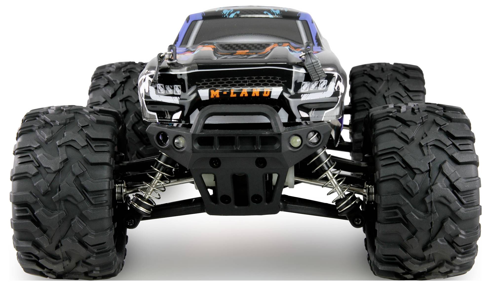 Ein ferngesteuertes Auto mit großen Geländereifen und robustem Design, ideal für Offroad-Abenteuer und spannendes RC-Racing.