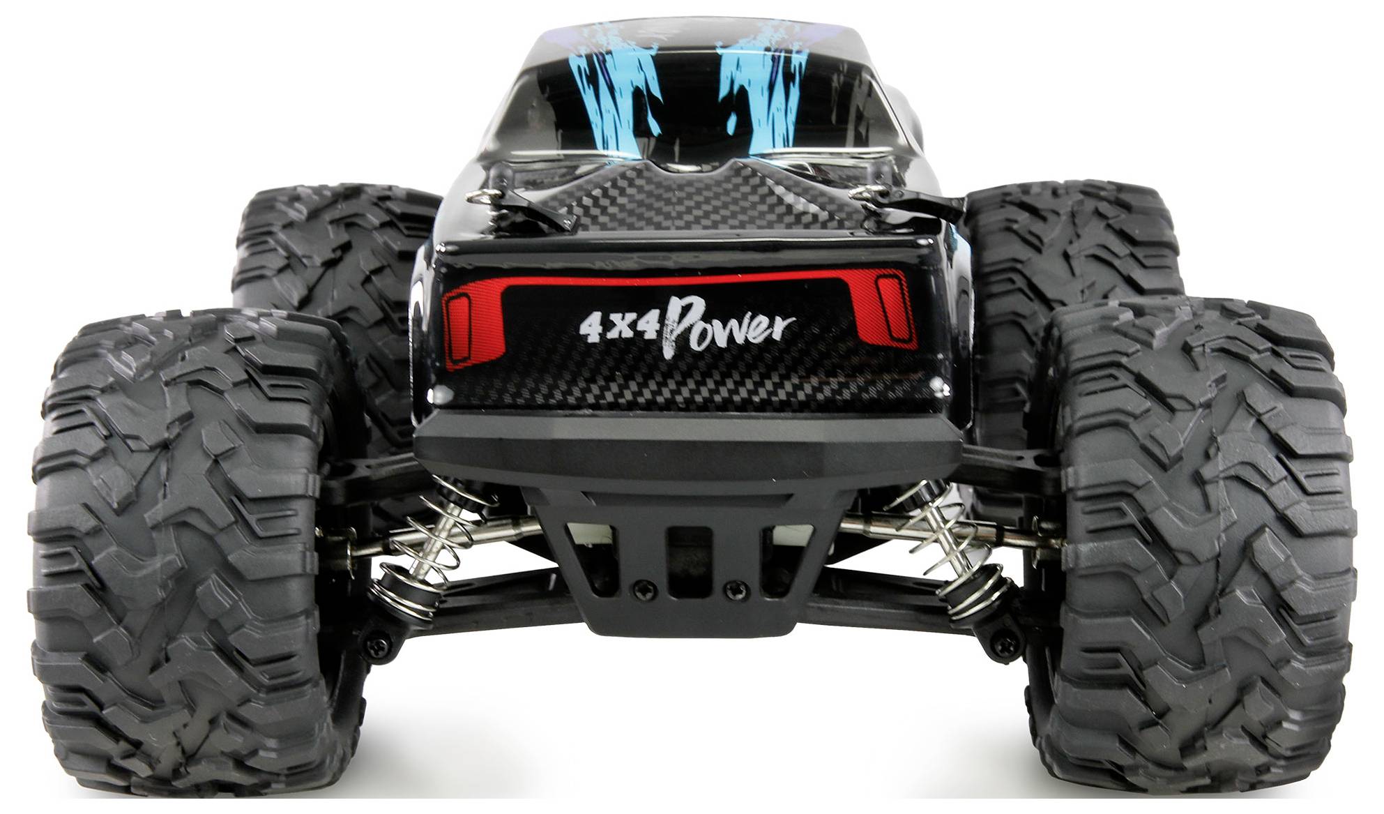 Ein ferngesteuertes Auto mit großen Profilreifen und der Aufschrift '4x4 Power' auf der Rückseite, gezeigt in einer Frontansicht.