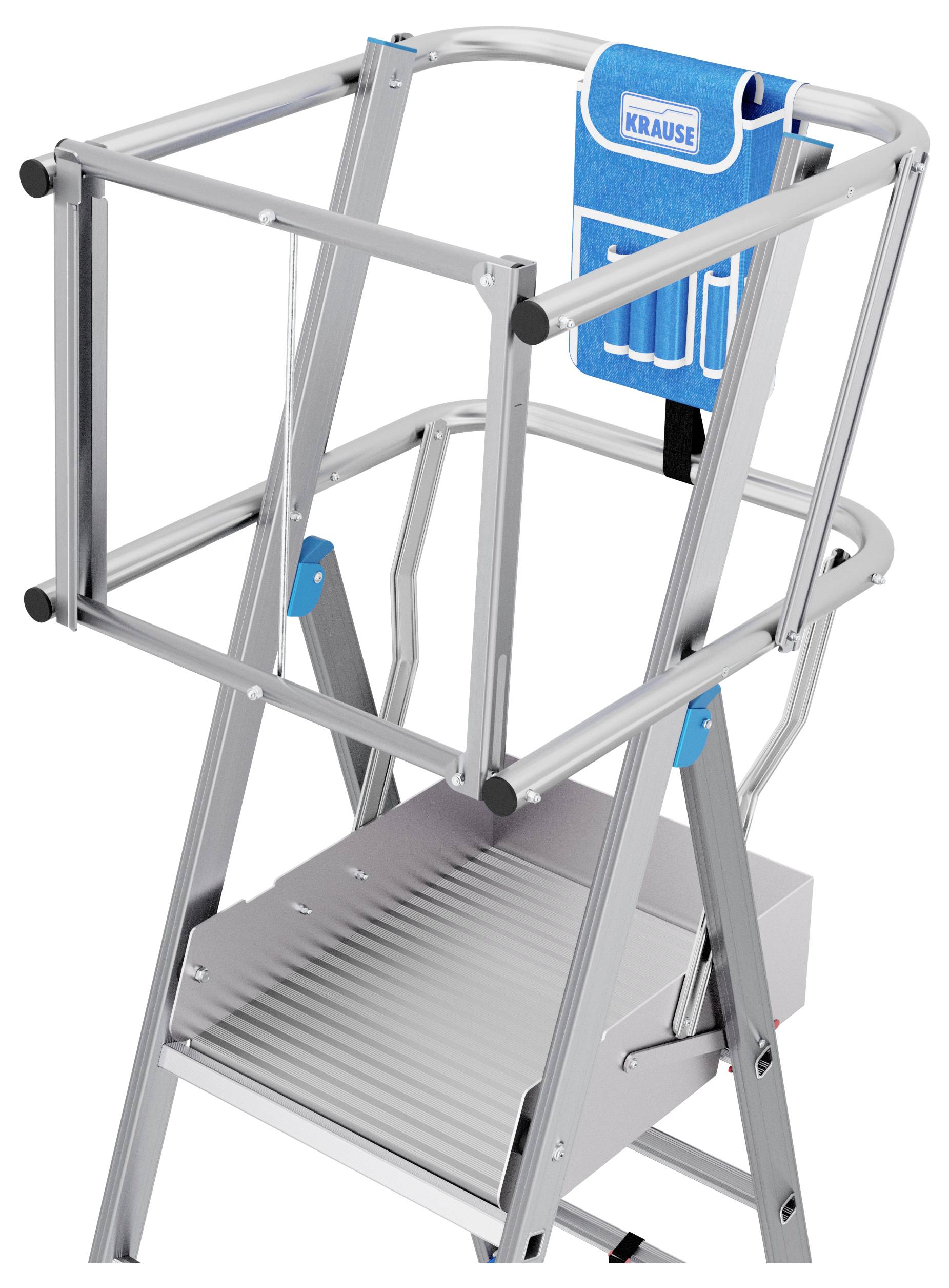 'Alu' Sicherheitskorb/-geländer auf stabiler silberner Leiter, verstärkt durch blaue Metallelemente.