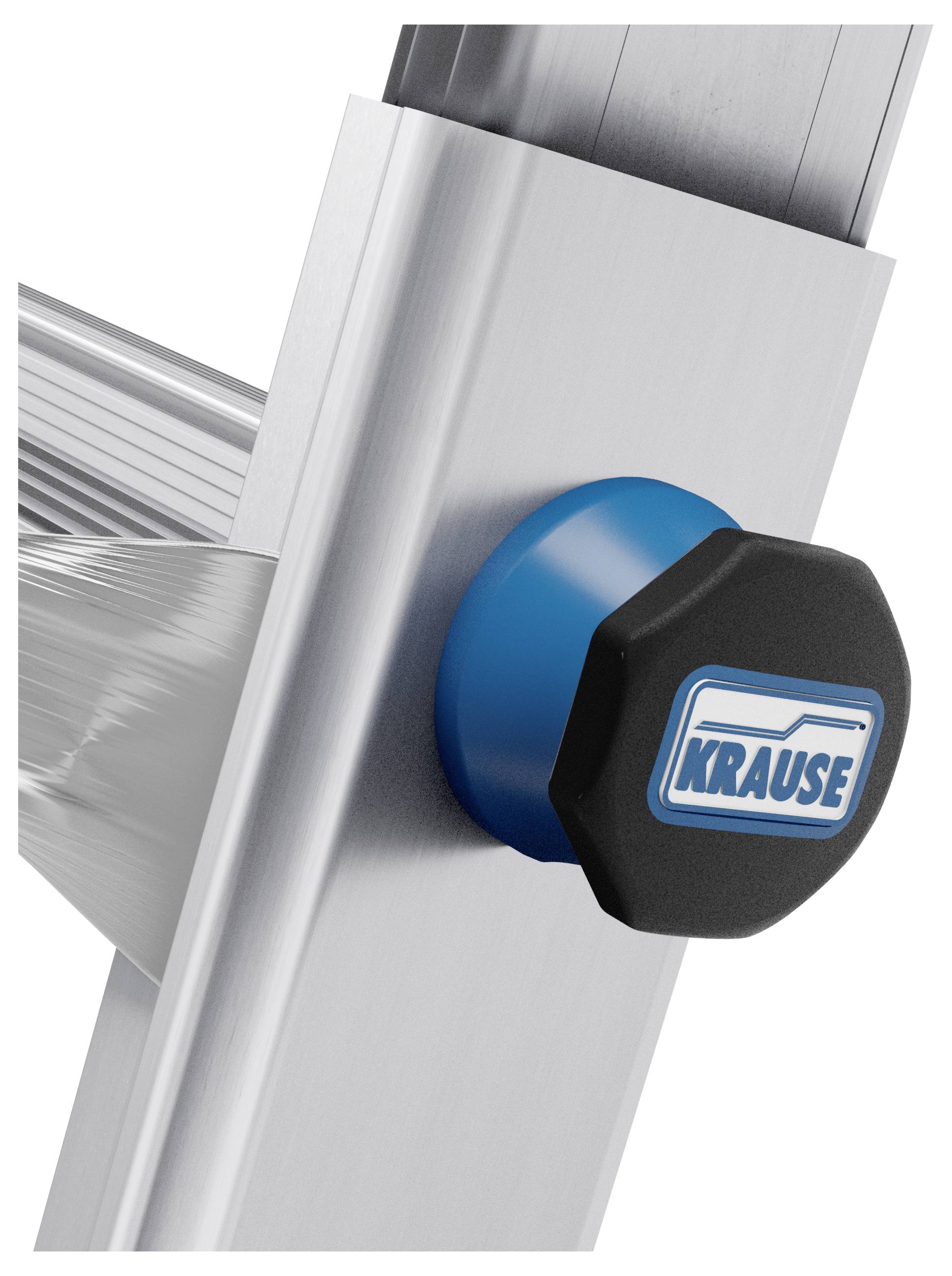 Ein blauer Drehknopf an einer Metallleiter mit der Aufschrift 'Krause'.