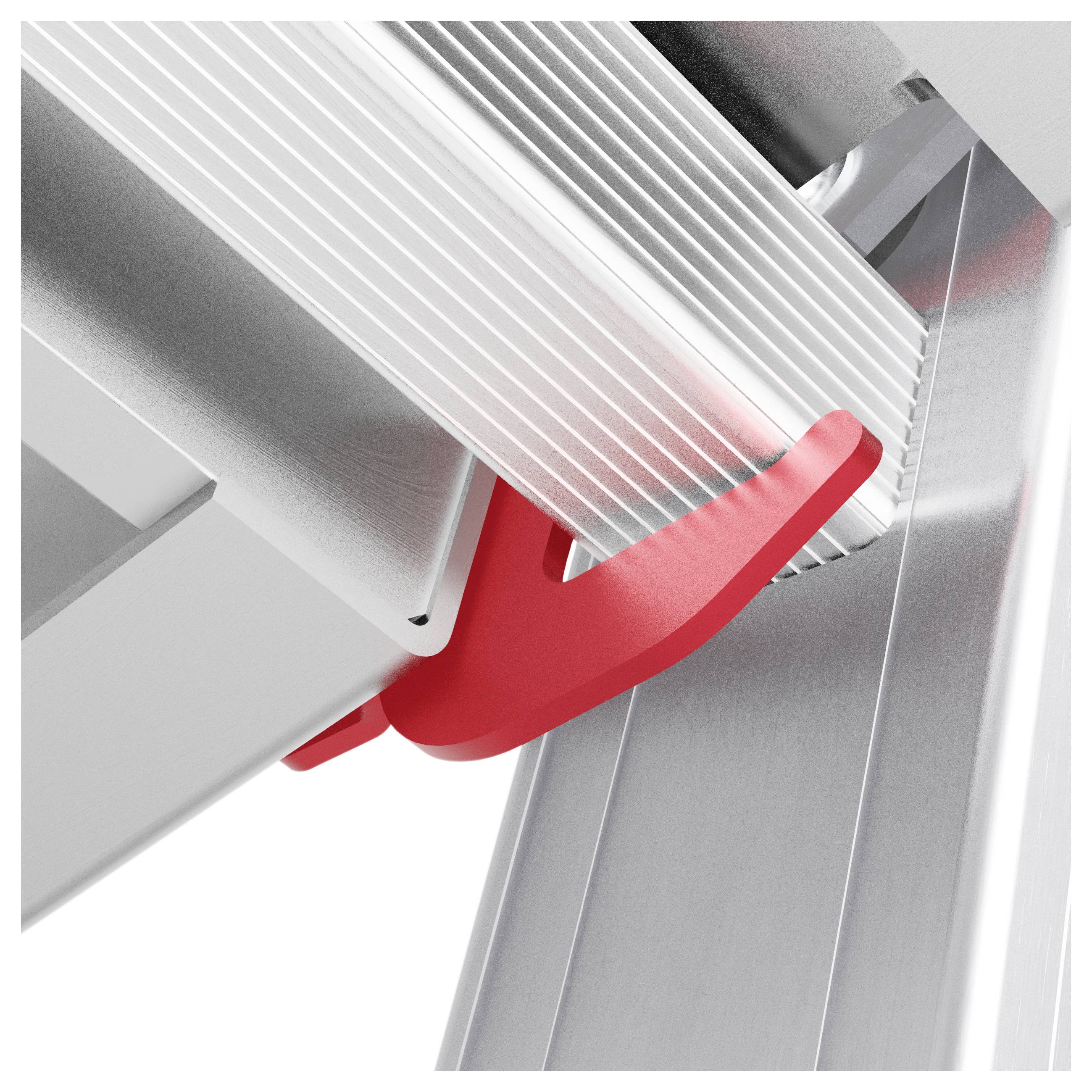 Halterung für ein Gerät, Metall mit rotem Kunststoff-Clip.